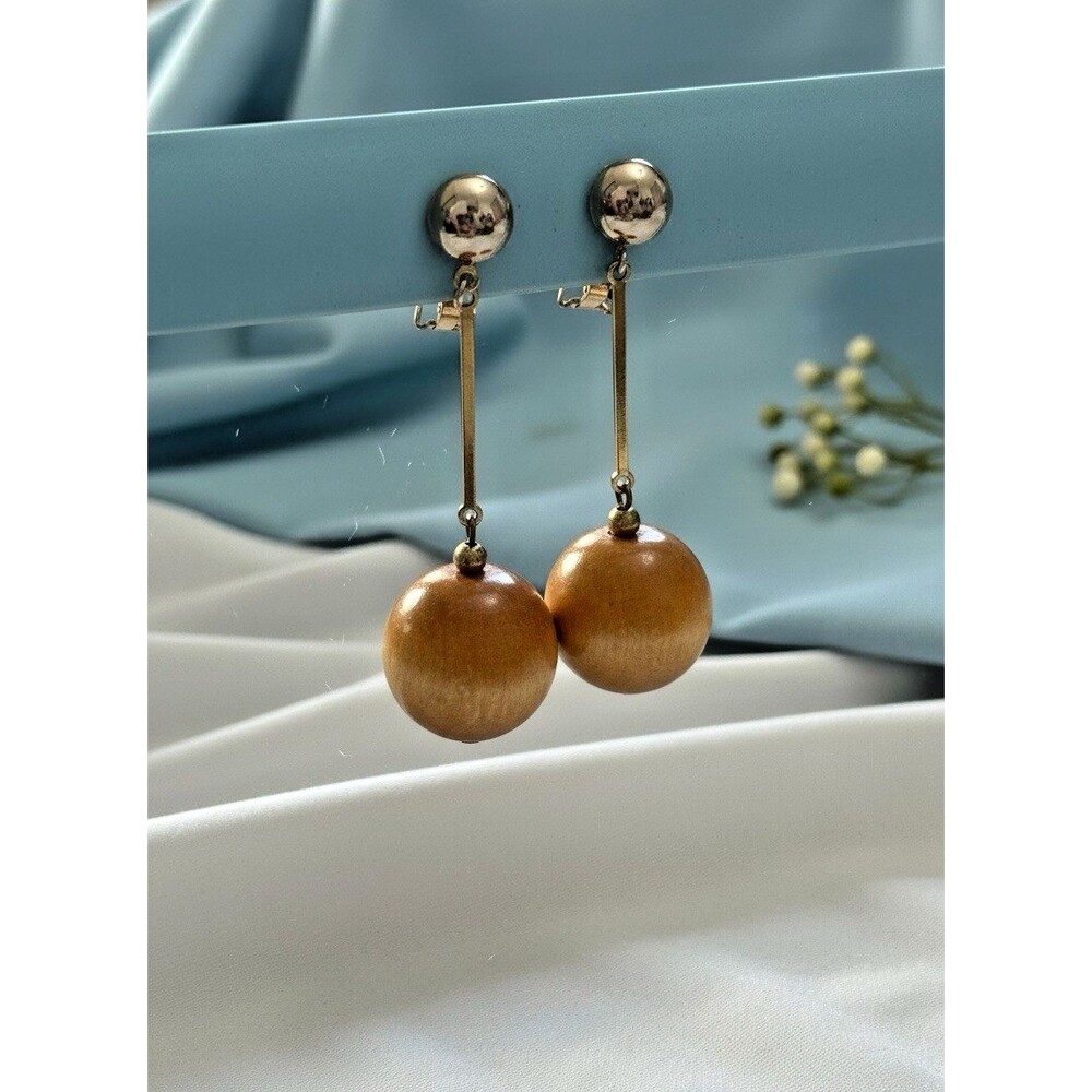 Vintage Gold Tone Dangle Earrings with Wood Beads 2.5 Inch Drop